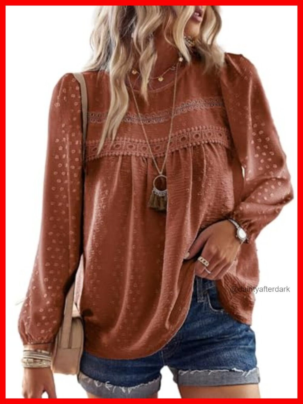Crochet Lace Boho Tunic Top Crew Neck Long Sleeve Peasant Blouse